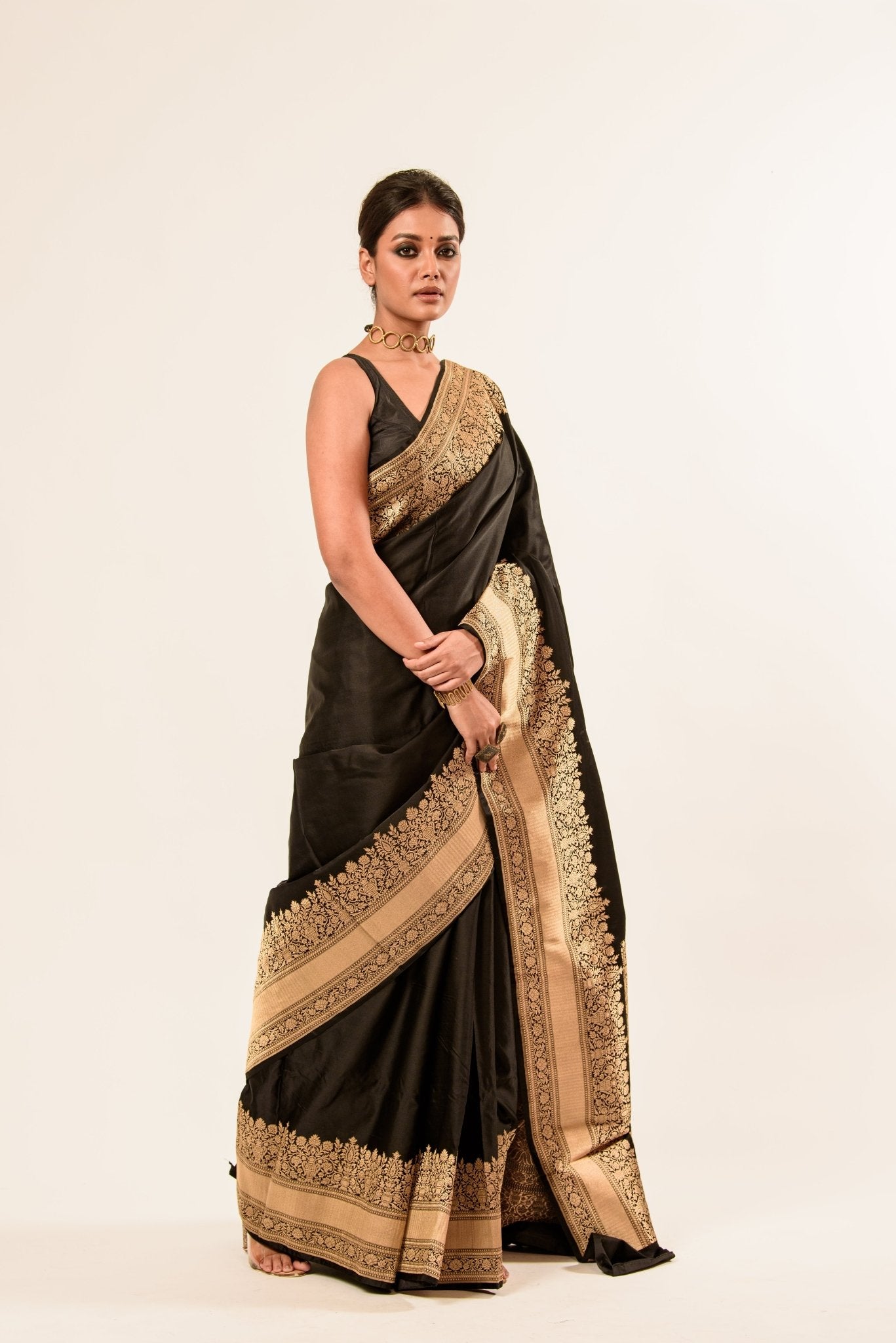 Gold Broad Border Katan Silk Handwoven Banarasi Saree - Anvi Couture