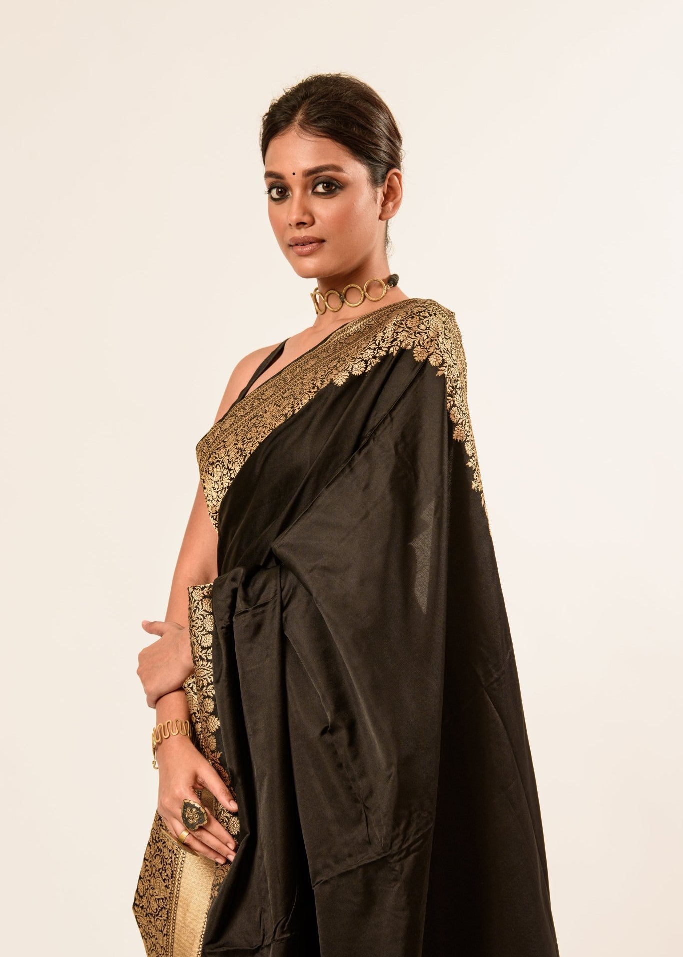 Gold Broad Border Katan Silk Handwoven Banarasi Saree - Anvi Couture