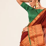 Maroon Color Pure Mangalgiri Handloom Cotton Silk Saree in Gold and Green color Border - Anvi Couture