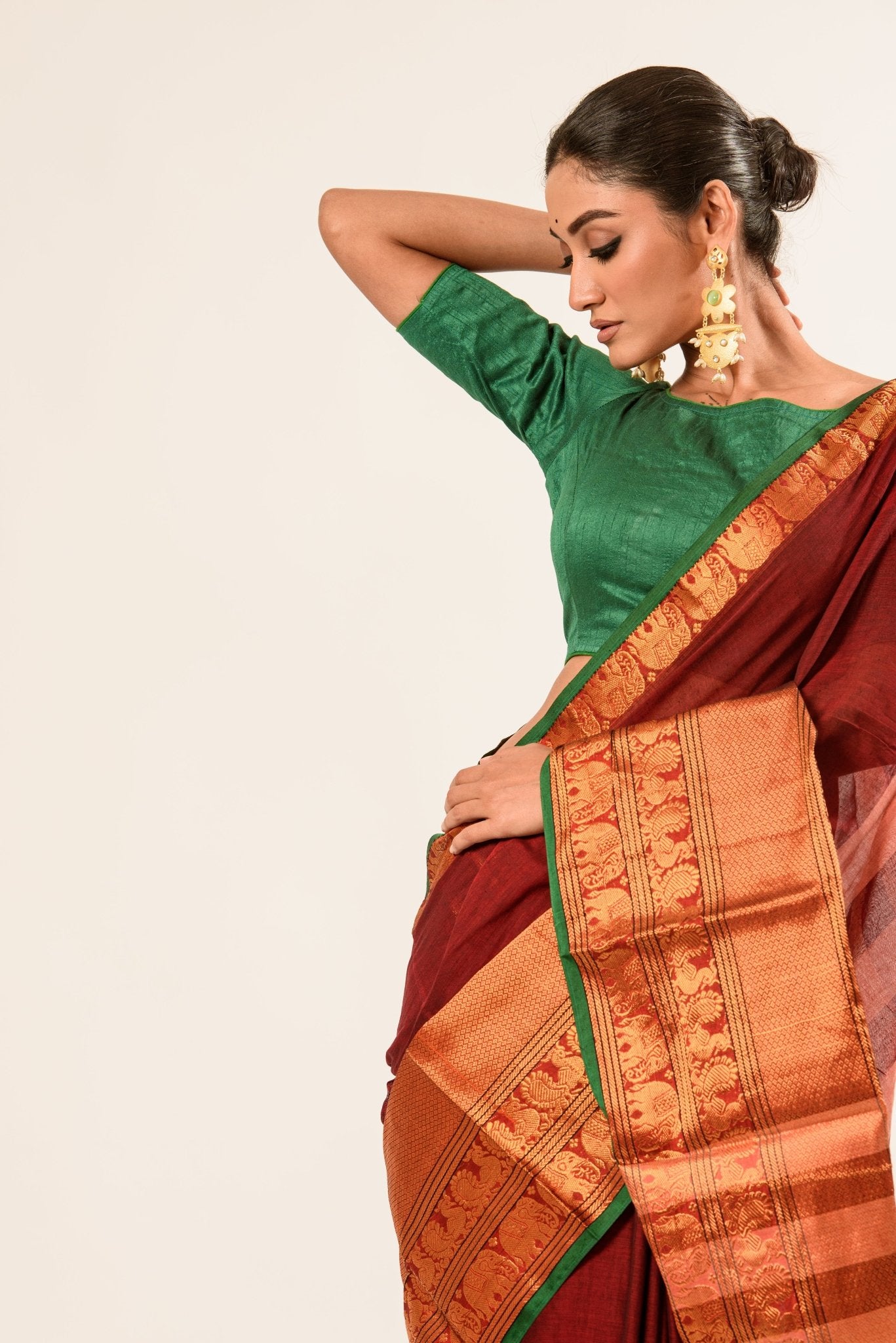 Maroon Color Pure Mangalgiri Handloom Cotton Silk Saree in Gold and Green color Border - Anvi Couture