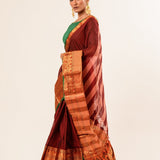 Maroon Color Pure Mangalgiri Handloom Cotton Silk Saree in Gold and Green color Border - Anvi Couture