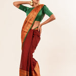 Maroon Color Pure Mangalgiri Handloom Cotton Silk Saree in Gold and Green color Border - Anvi Couture