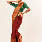 Maroon Color Pure Mangalgiri Handloom Cotton Silk Saree in Gold and Green color Border - Anvi Couture