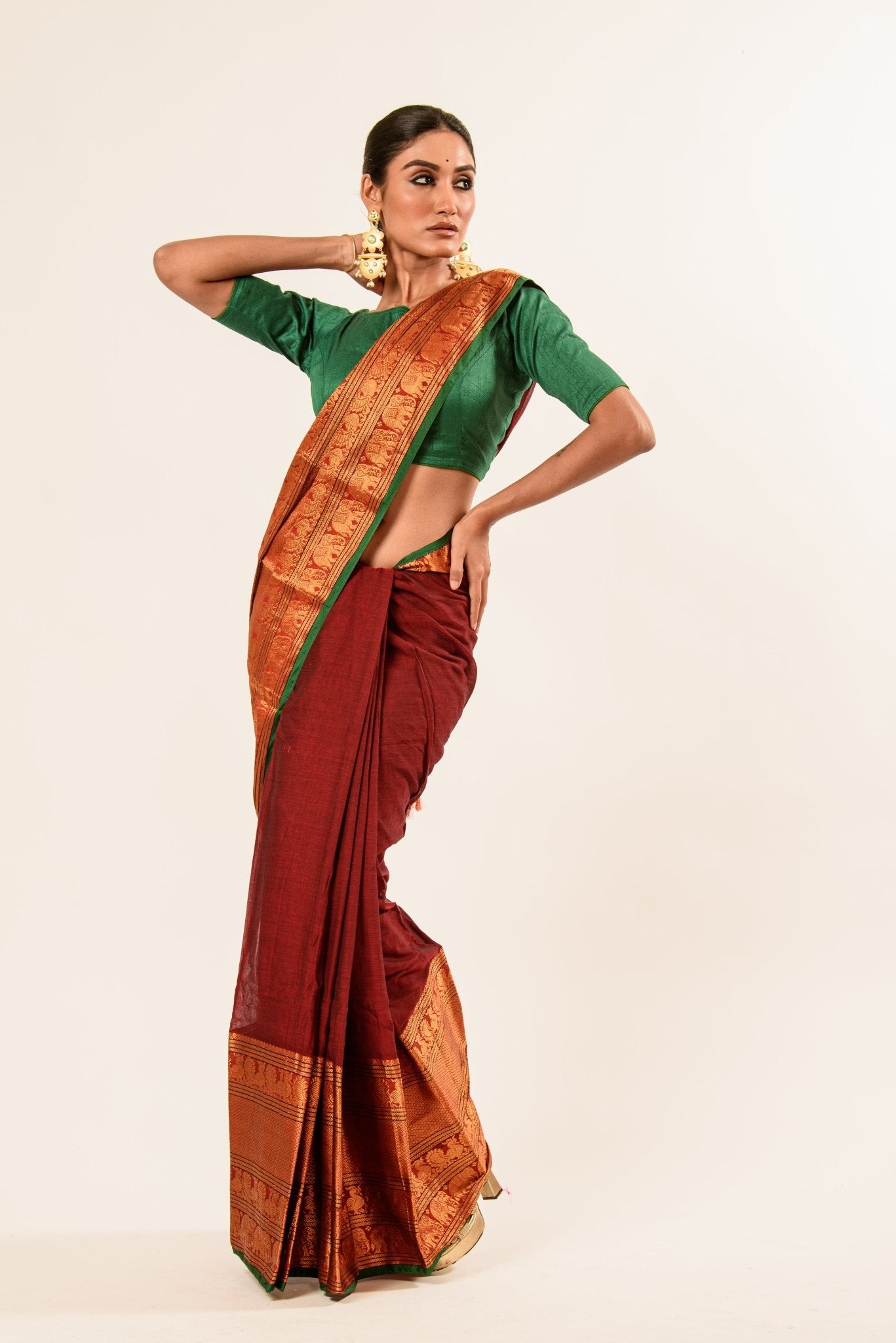 Maroon Color Pure Mangalgiri Handloom Cotton Silk Saree in Gold and Green color Border - Anvi Couture