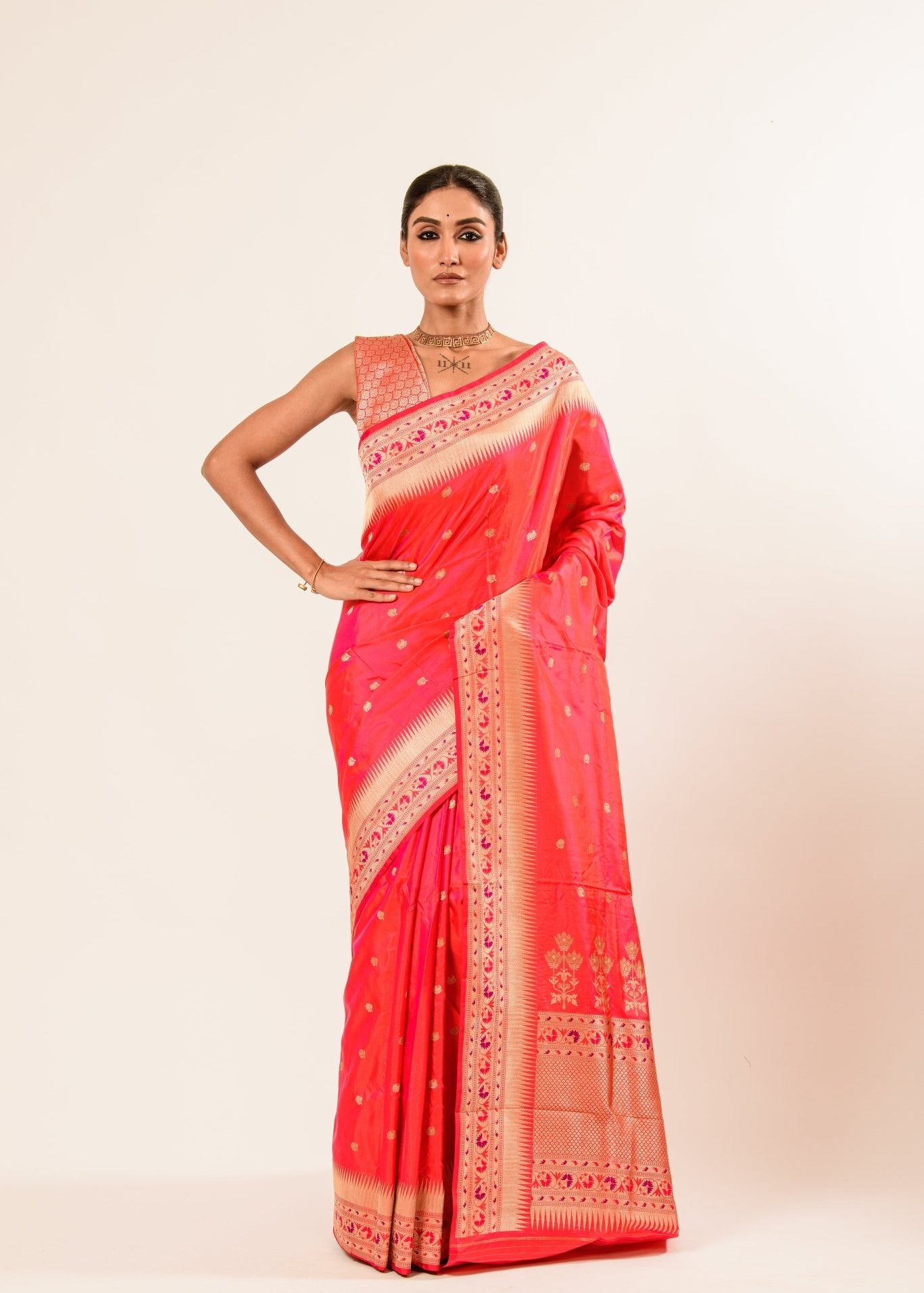 Peach Paithani Katan Handwoven Banarasi Saree - Anvi Couture