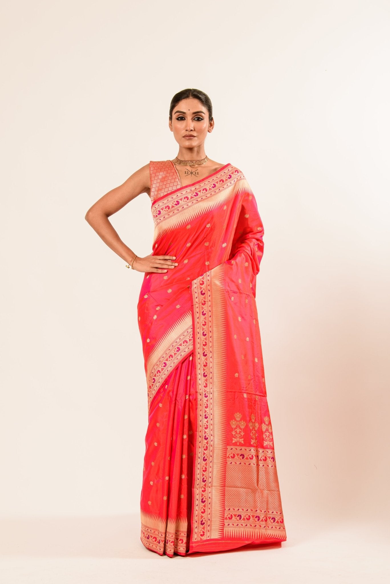 Peach Paithani Katan Handwoven Banarasi Saree - Anvi Couture