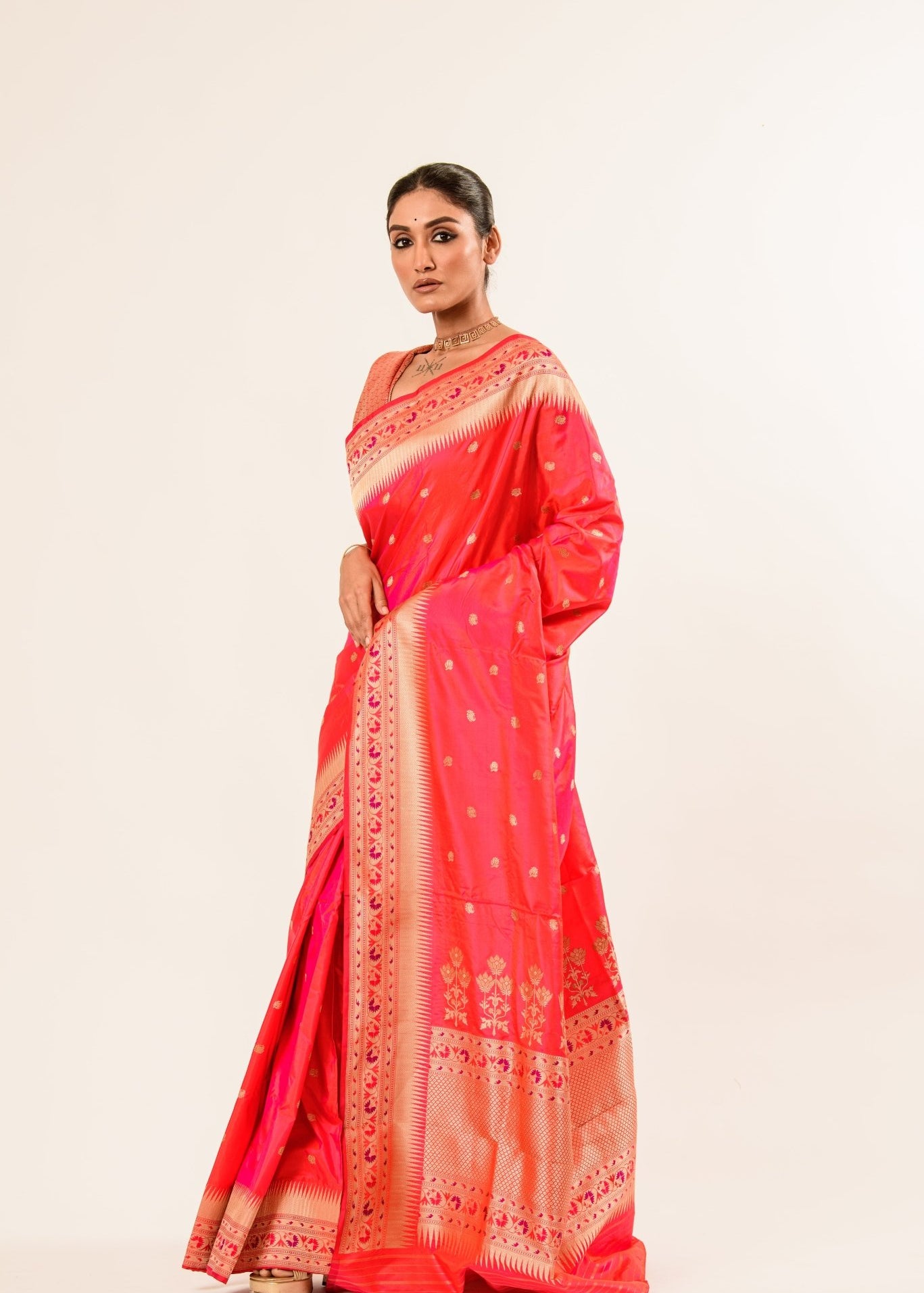 Peach Paithani Katan Handwoven Banarasi Saree - Anvi Couture