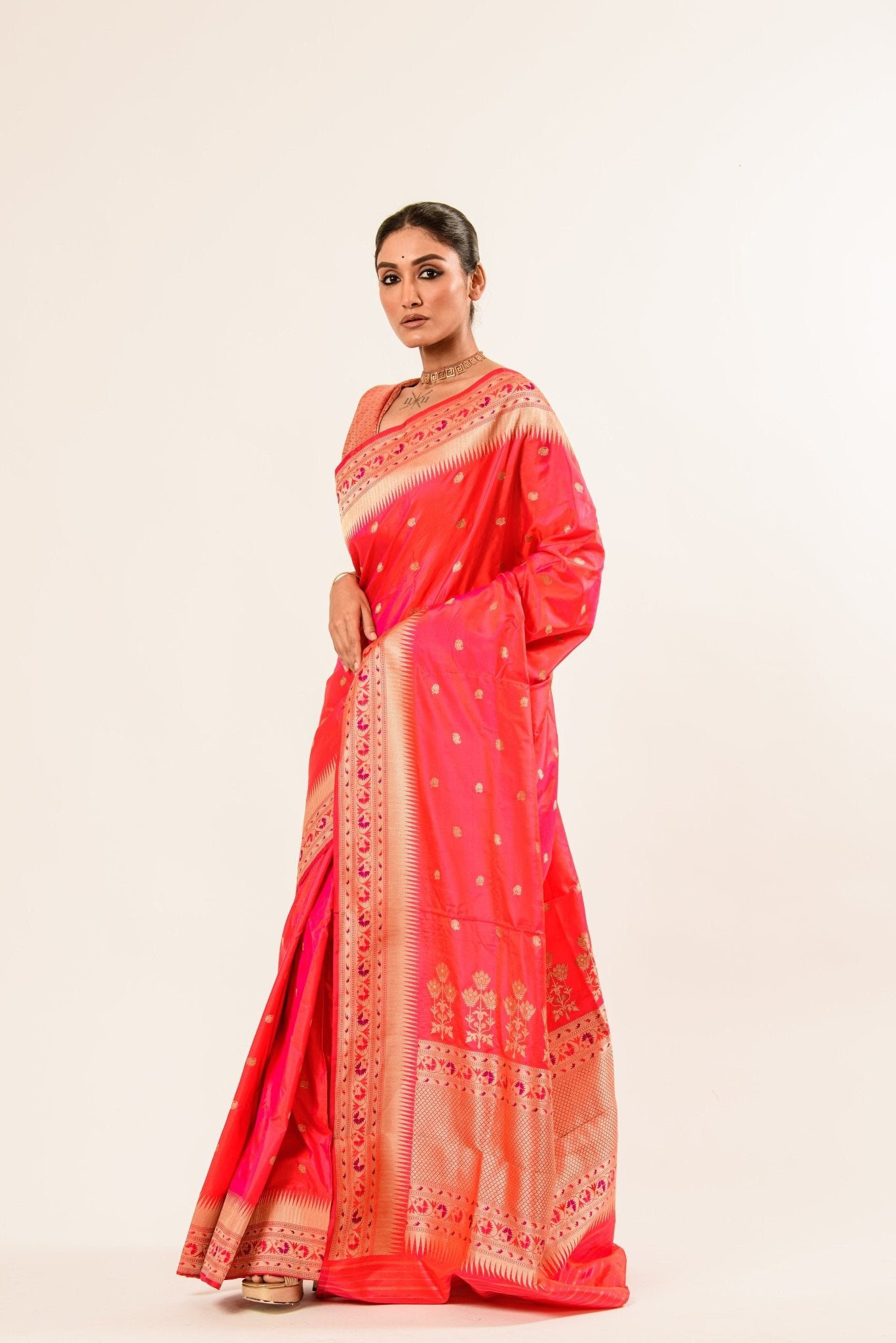 Peach Paithani Katan Handwoven Banarasi Saree - Anvi Couture