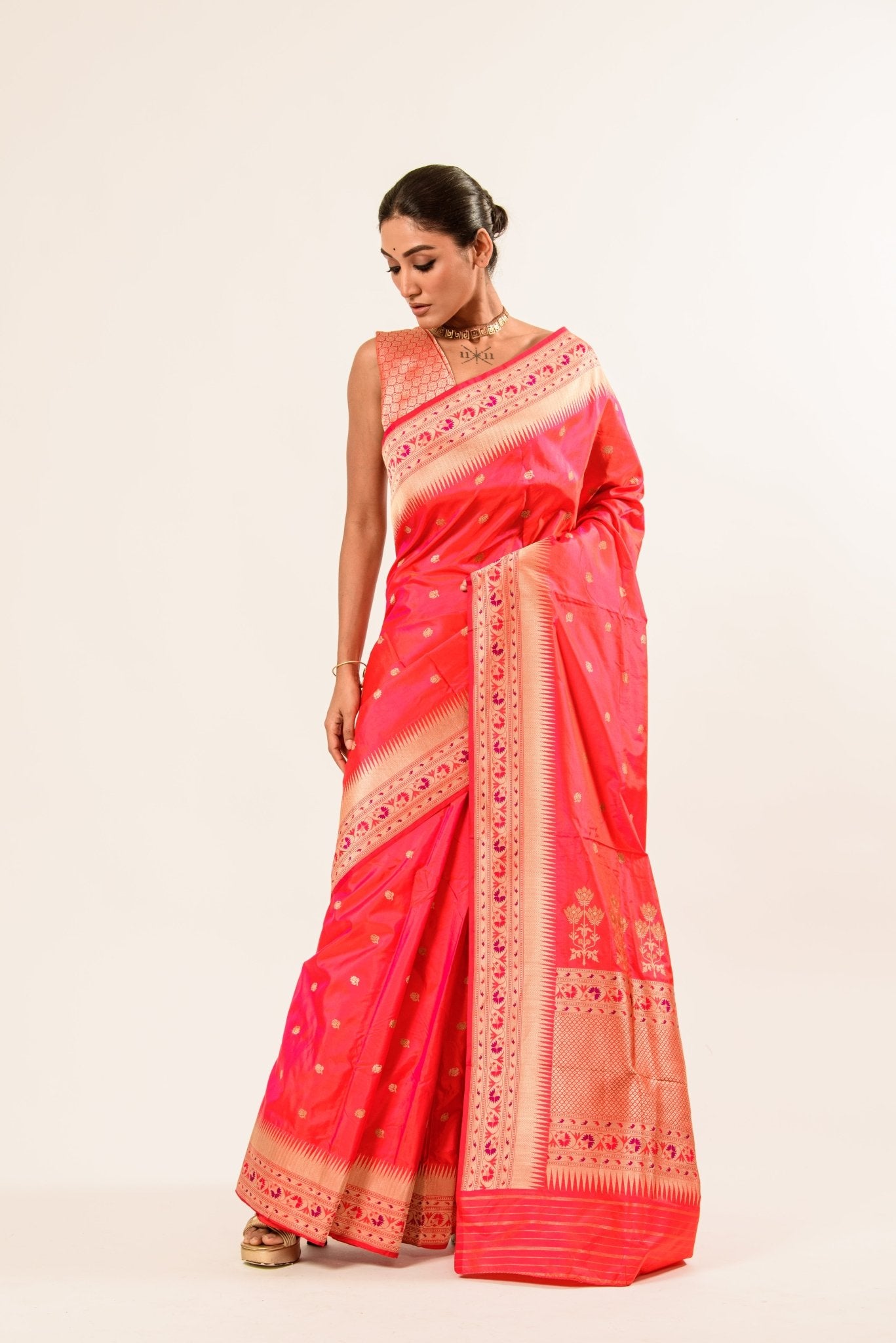 Peach Paithani Katan Handwoven Banarasi Saree - Anvi Couture