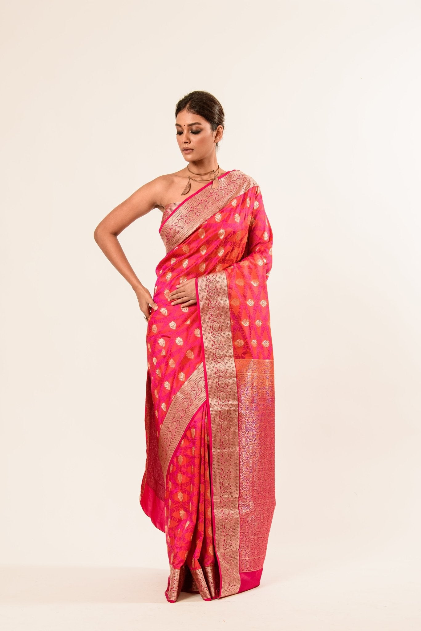 Orange Pink Brocade Katan Silk Handloom Banarasi Saree - Anvi Couture