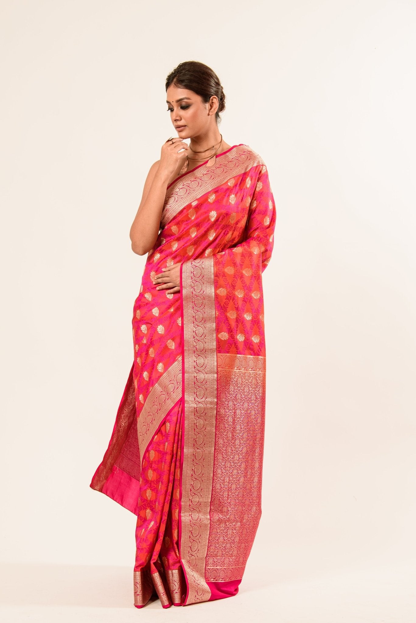 Orange Pink Brocade Katan Silk Handloom Banarasi Saree - Anvi Couture