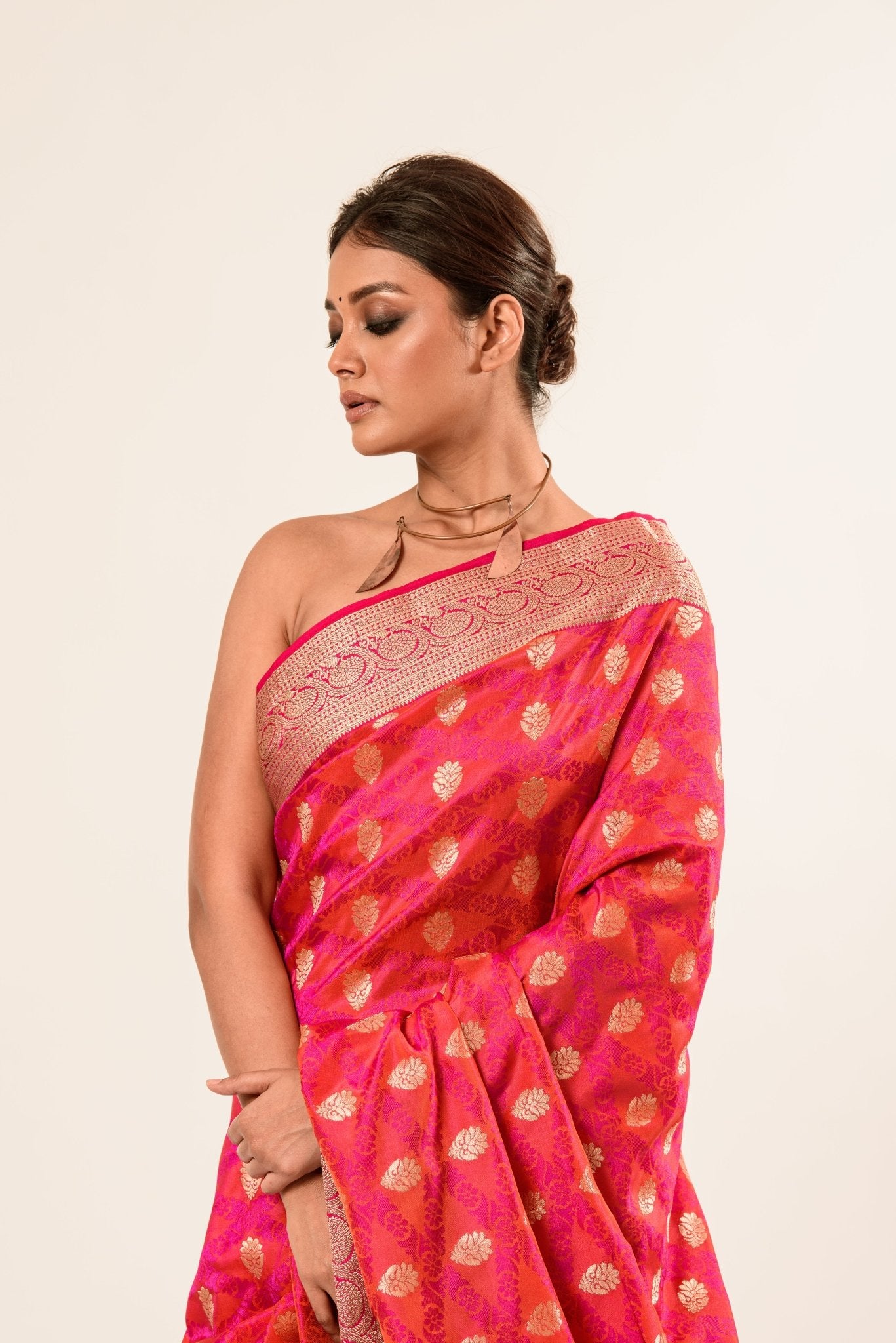 Orange Pink Brocade Katan Silk Handloom Banarasi Saree - Anvi Couture