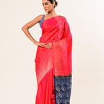 Fusia Pink and Blue Kanjivaram Silk Saree with Geometric Pattern Border - Image 1