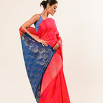 Fusia Pink and Blue Kanjivaram Silk Saree with Geometric Pattern Border - Image 3