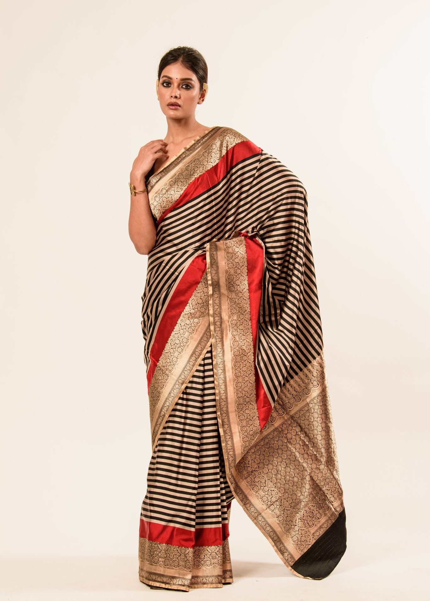 Red, Black Stripe Satin Silk Handwoven Banarasi Silk Saree - Anvi Couture