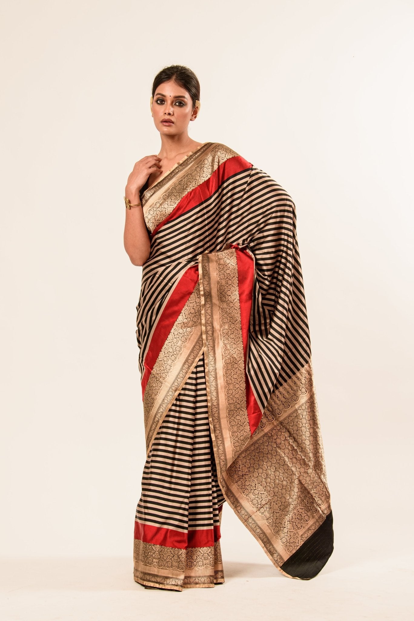 Red, Black Stripe Satin Silk Handwoven Banarasi Silk Saree - Anvi Couture