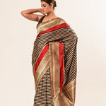 Red, Black Stripe Satin Silk Handwoven Banarasi Silk Saree - Anvi Couture