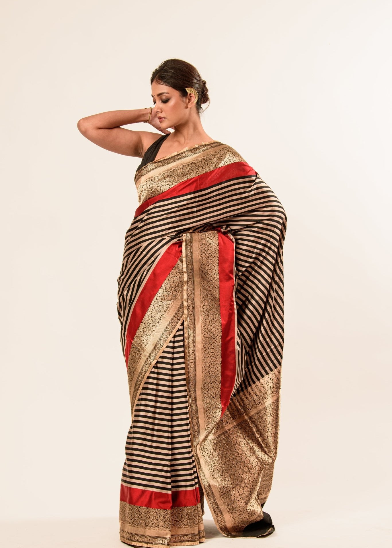Red, Black Stripe Satin Silk Handwoven Banarasi Silk Saree - Anvi Couture