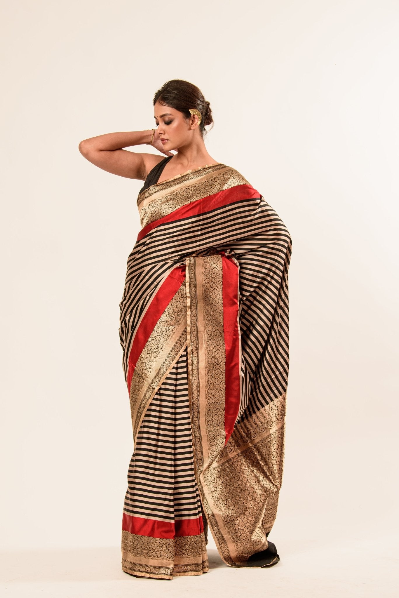 Red, Black Stripe Satin Silk Handwoven Banarasi Silk Saree - Anvi Couture