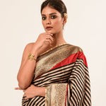 Red, Black Stripe Satin Silk Handwoven Banarasi Silk Saree - Anvi Couture