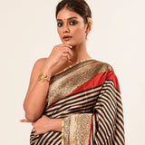 Red, Black Stripe Satin Silk Handwoven Banarasi Silk Saree - Anvi Couture