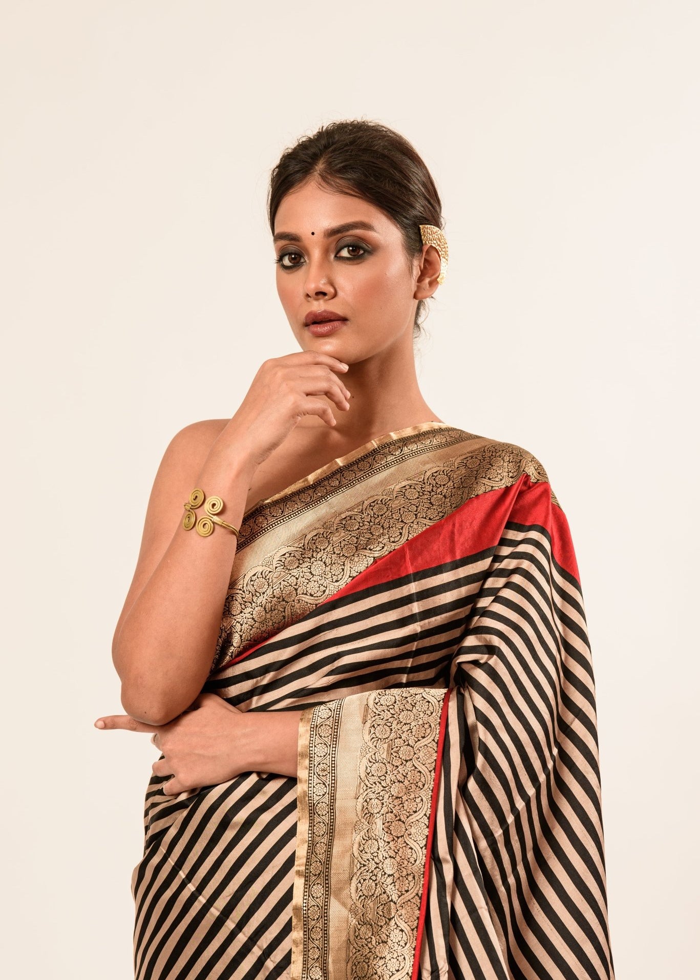 Red, Black Stripe Satin Silk Handwoven Banarasi Silk Saree - Anvi Couture