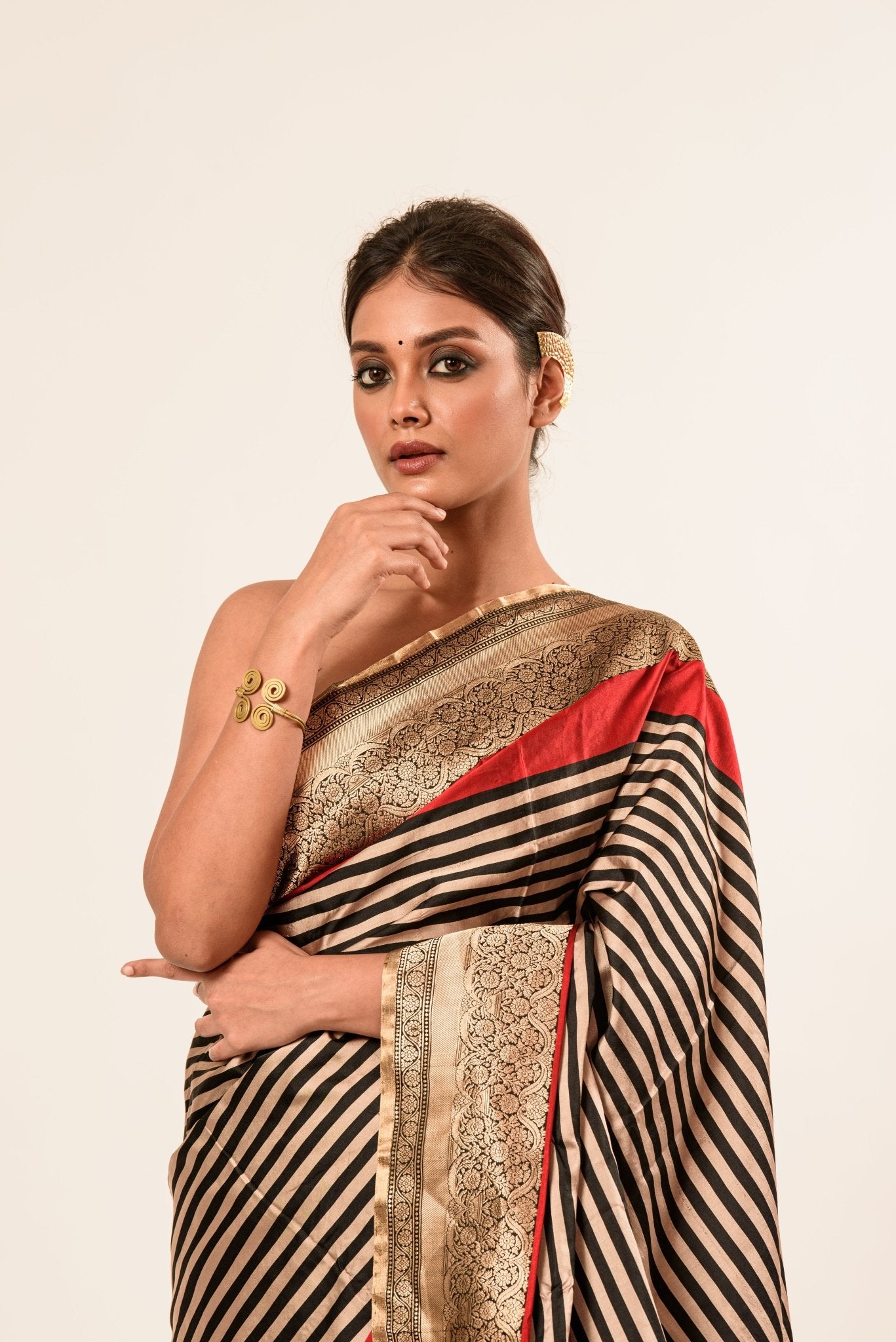 Red, Black Stripe Satin Silk Handwoven Banarasi Silk Saree - Anvi Couture