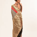 Red, Black Stripe Satin Silk Handwoven Banarasi Silk Saree - Anvi Couture