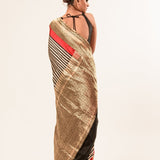 Red, Black Stripe Satin Silk Handwoven Banarasi Silk Saree - Anvi Couture