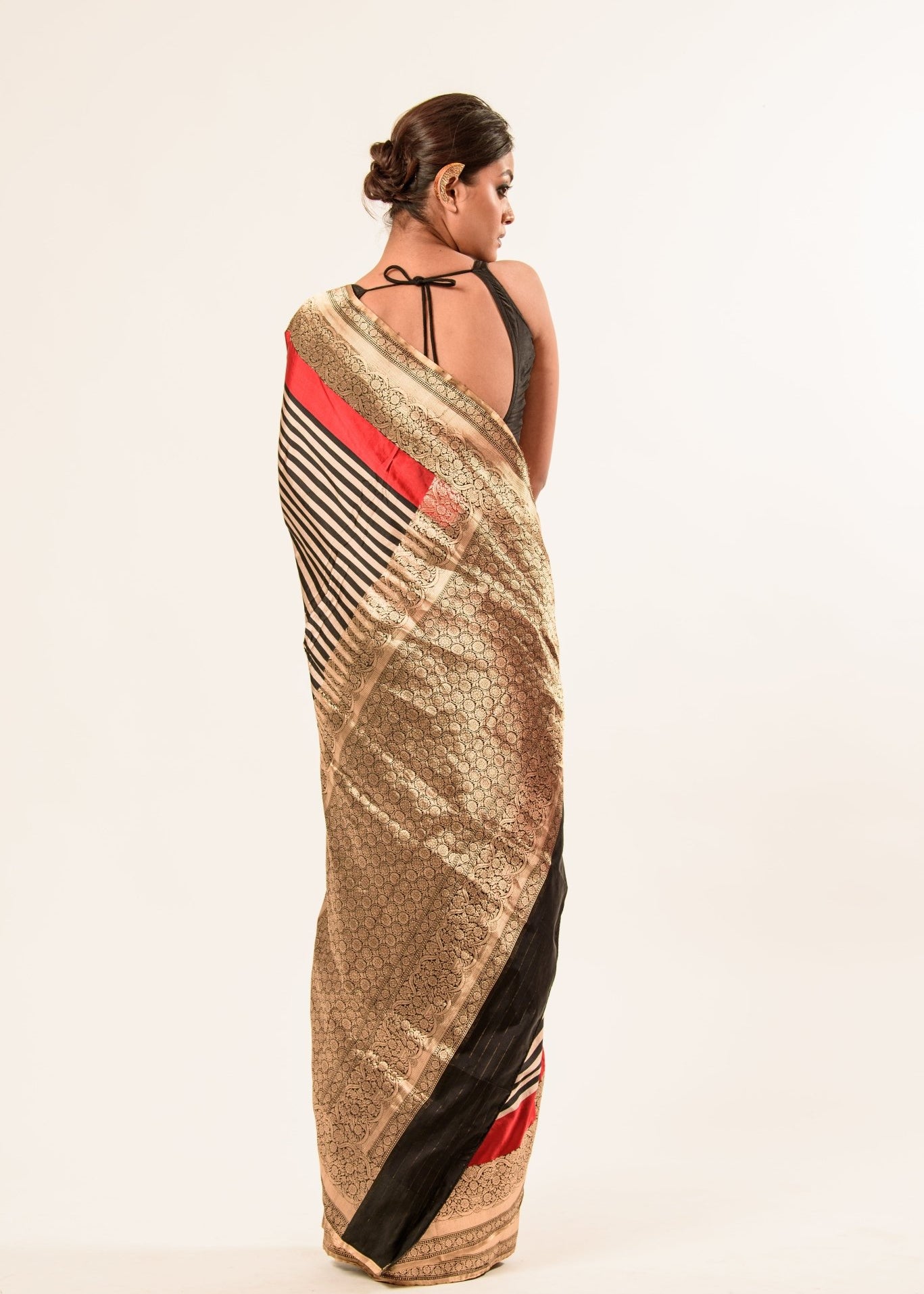 Red, Black Stripe Satin Silk Handwoven Banarasi Silk Saree - Anvi Couture