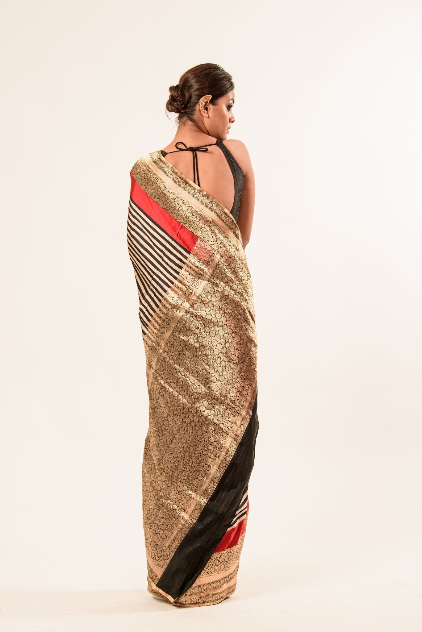 Red, Black Stripe Satin Silk Handwoven Banarasi Silk Saree - Anvi Couture