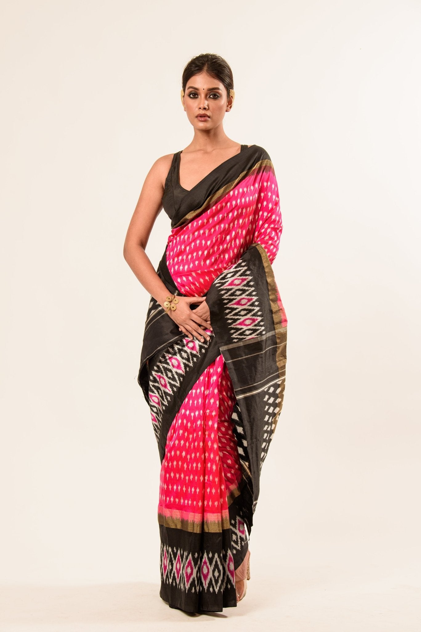 Black and Pink Ikkat weave Silk Saree - Anvi Couture