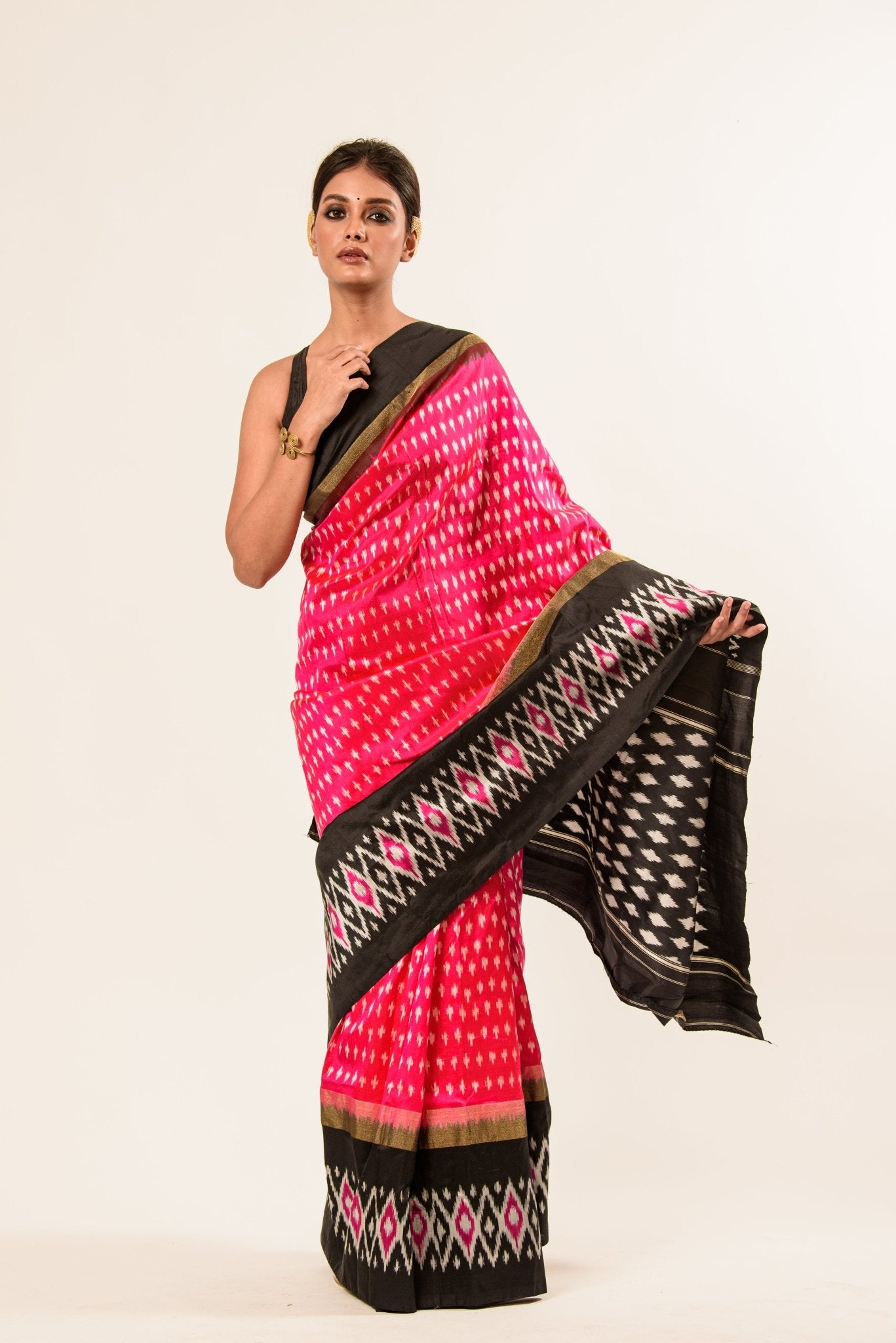 Black and Pink Ikkat weave Silk Saree - Anvi Couture