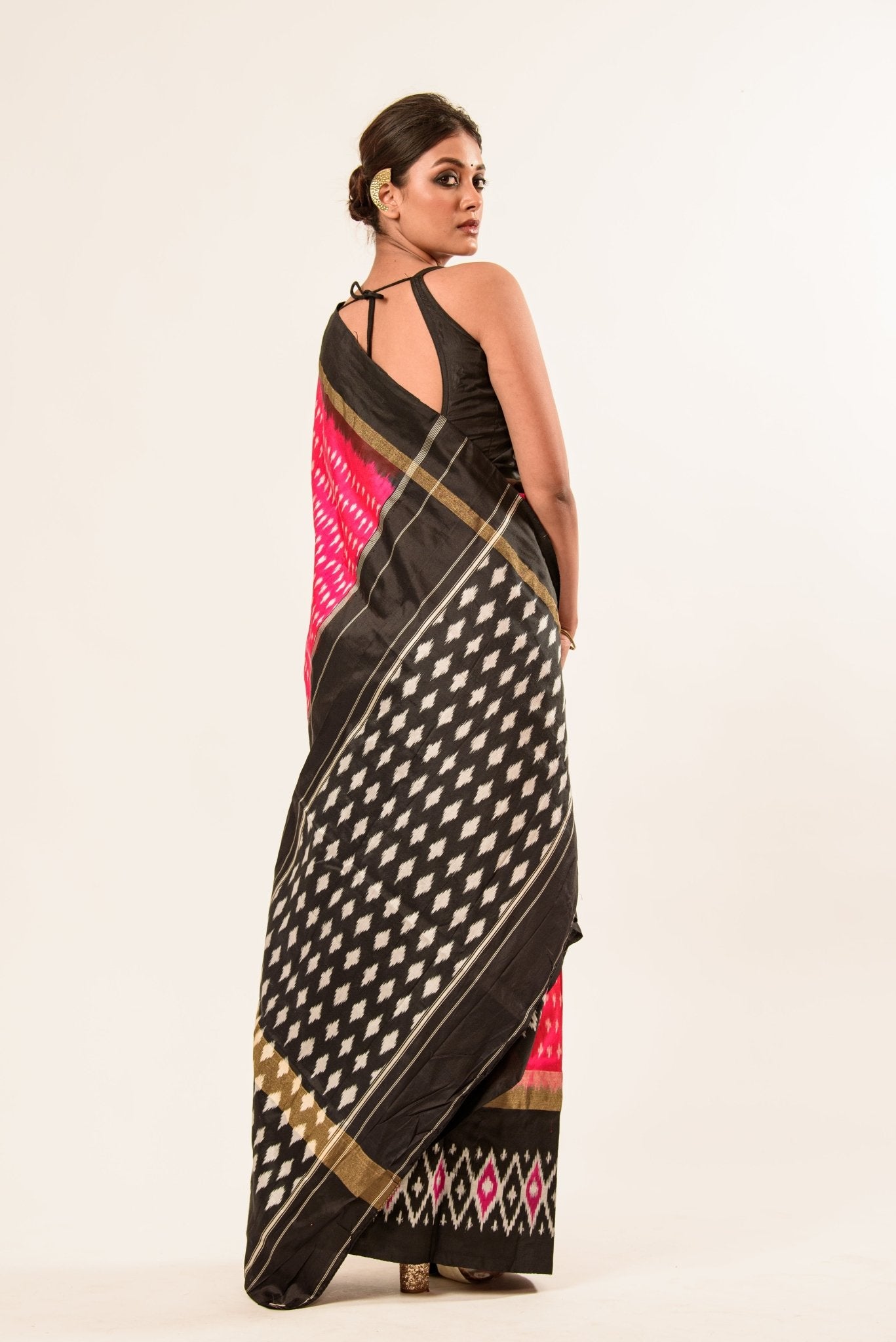 Black and Pink Ikkat weave Silk Saree - Anvi Couture