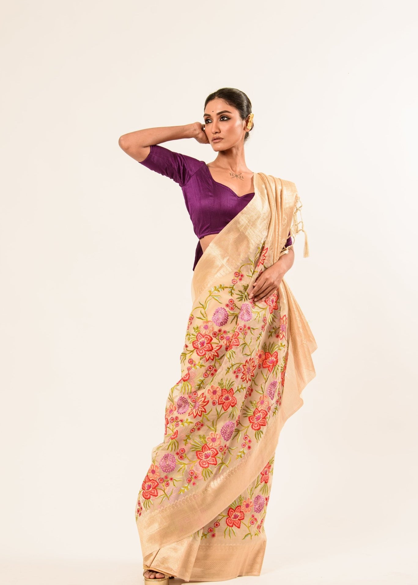 Pearl White Silk Organza Saree in Floral Embroidery work - Anvi Couture