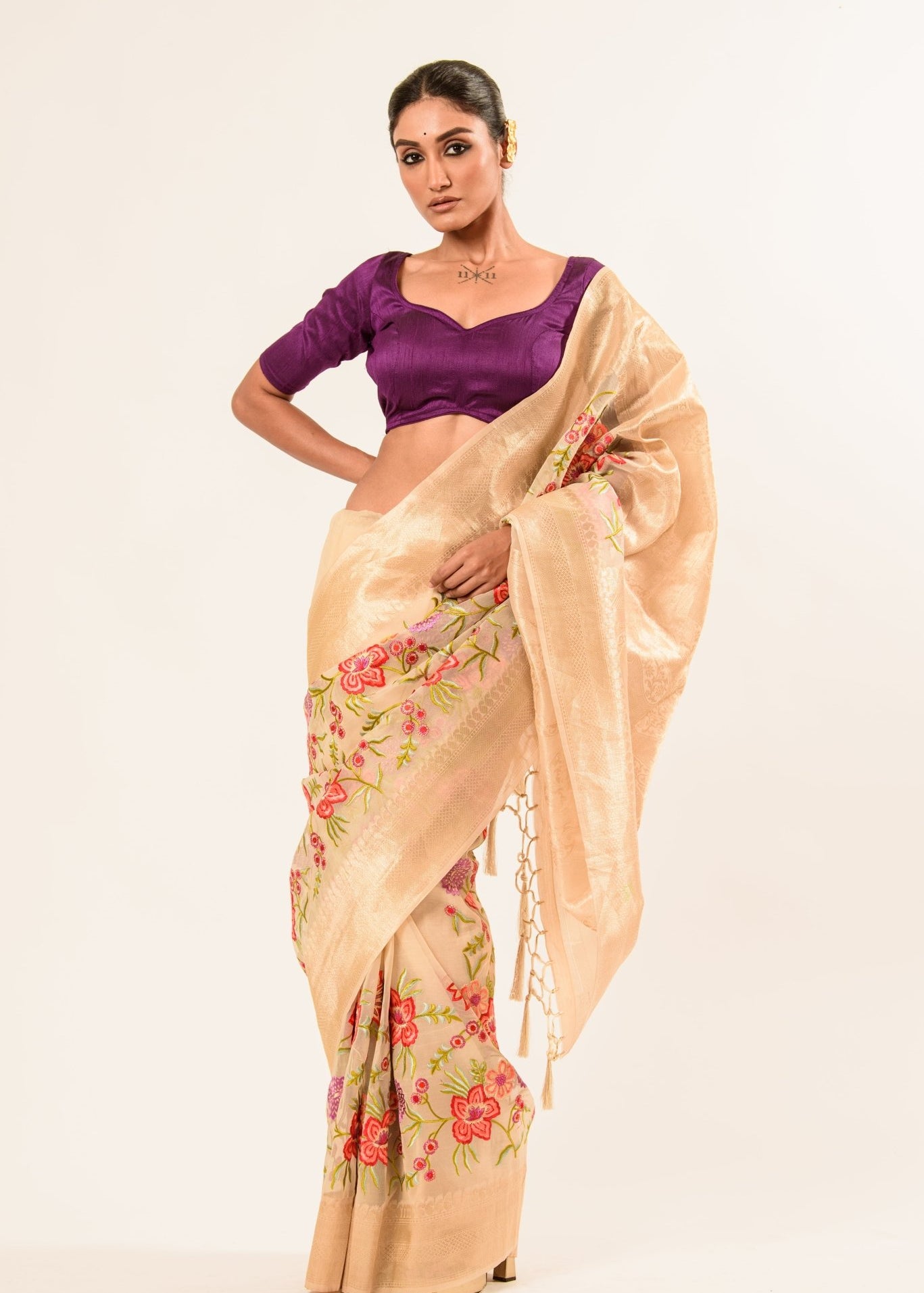 Pearl White Silk Organza Saree in Floral Embroidery work - Anvi Couture