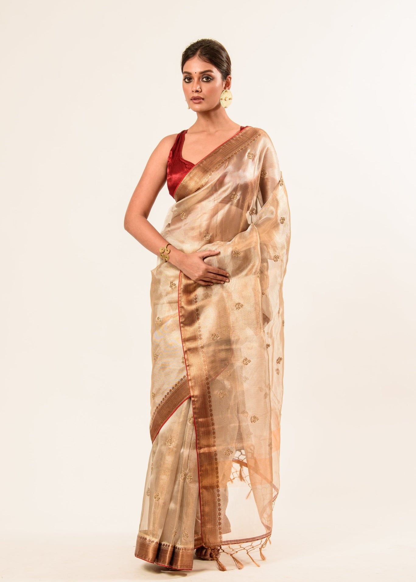 Red and Gold Tissue Silk Saree in Cut Dana Embroidery work - Anvi Couture