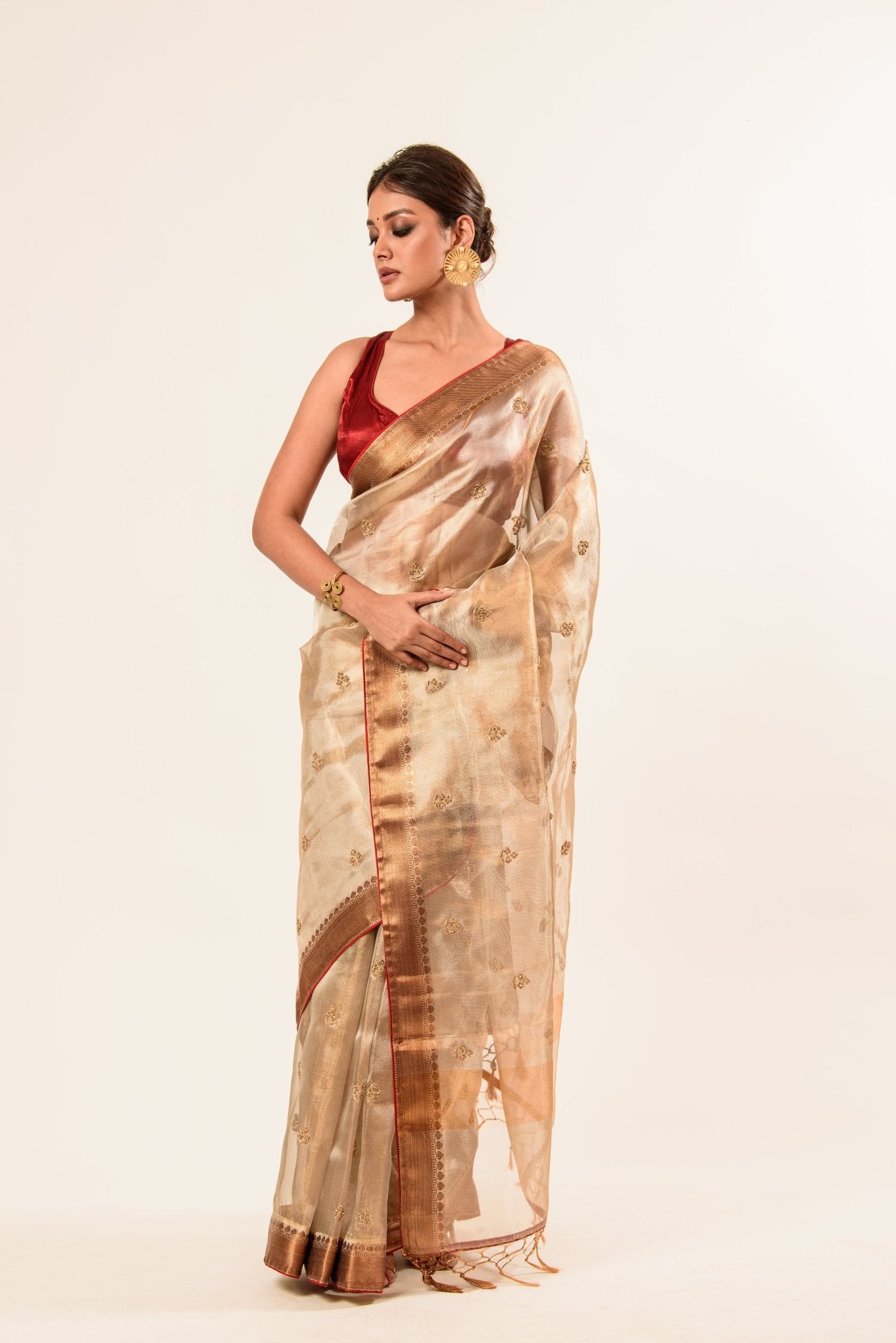 Red and Gold Tissue Silk Saree in Cut Dana Embroidery work - Anvi Couture