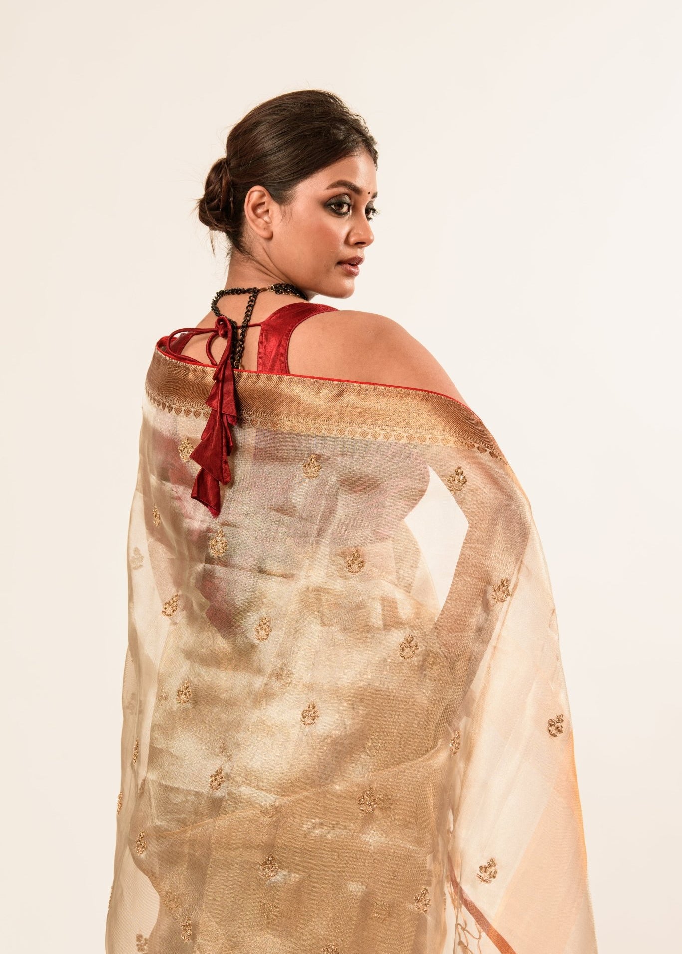 Red and Gold Tissue Silk Saree in Cut Dana Embroidery work - Anvi Couture - Image 5