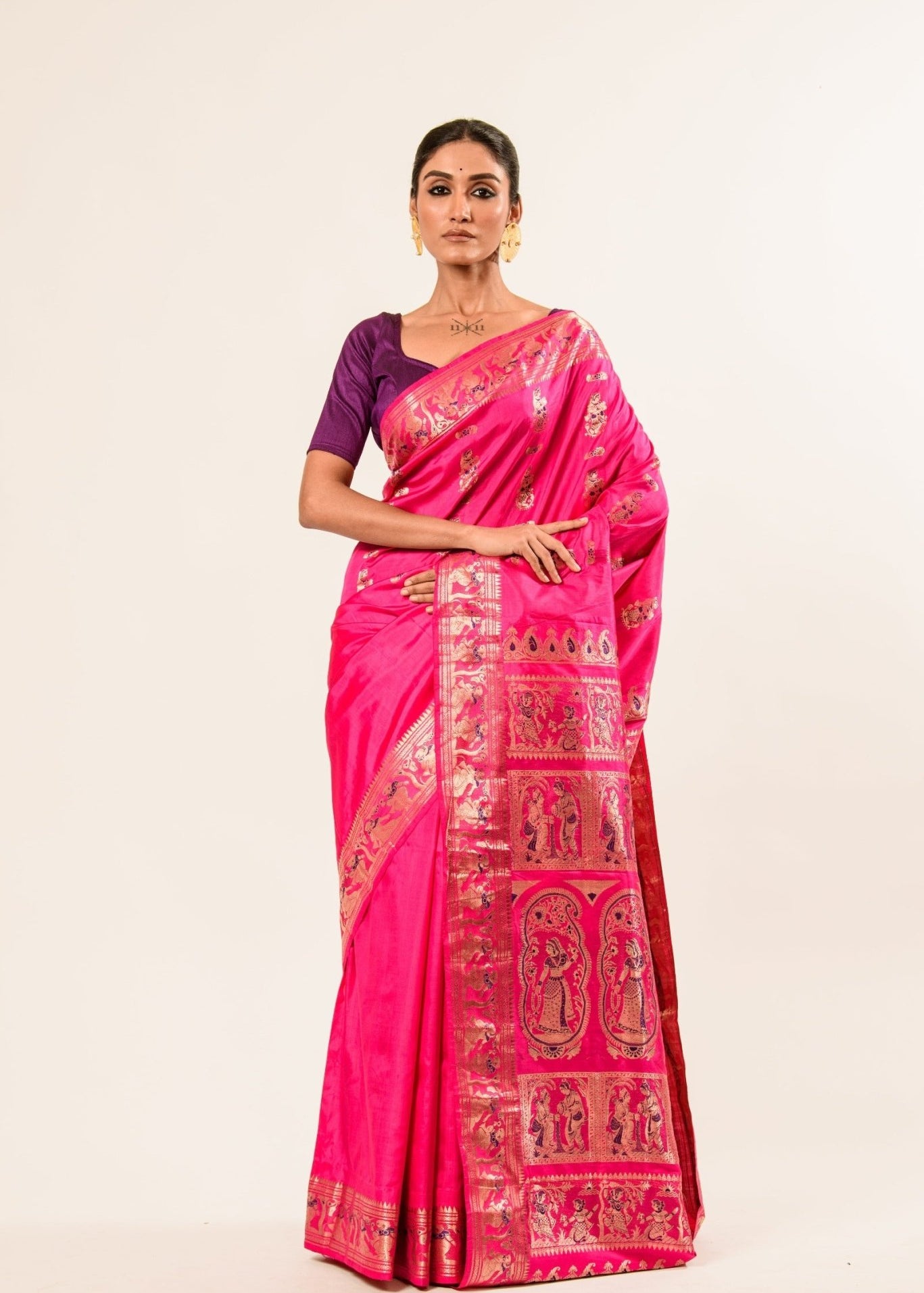 Pink Baluchari Silk Saree with Resham Threads Minakari Work - Anvi Couture