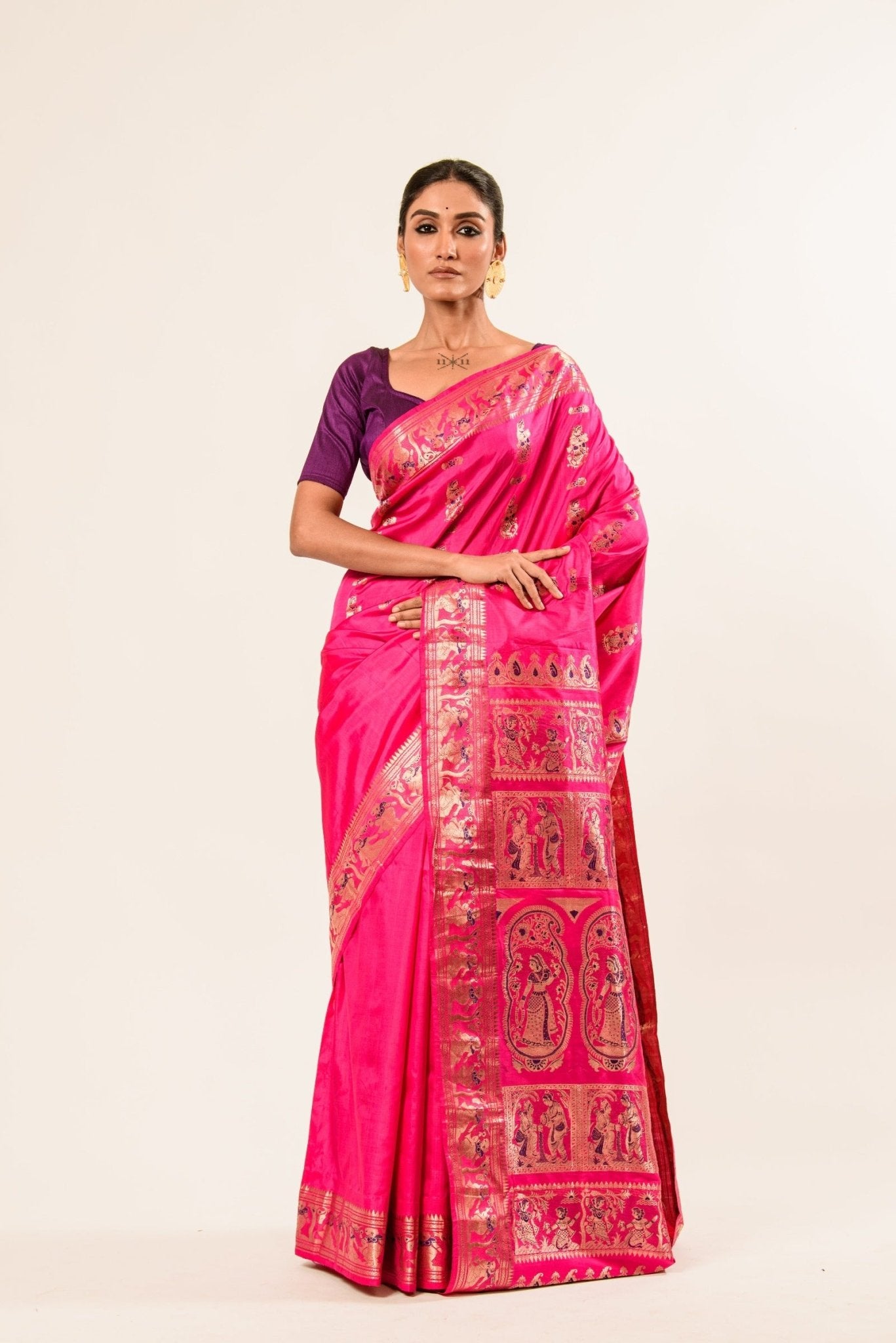 Pink Baluchari Silk Saree with Resham Threads Minakari Work - Anvi Couture