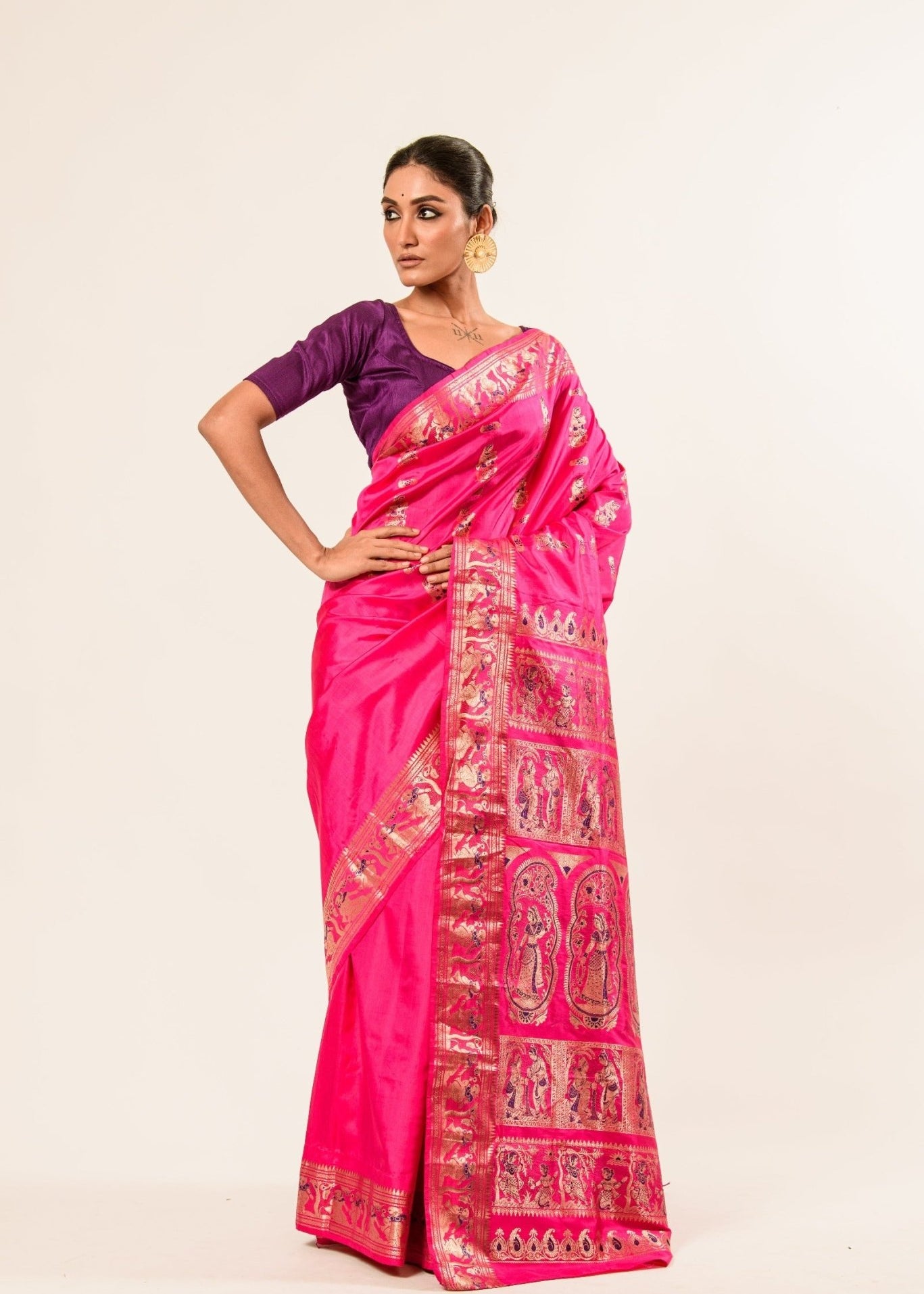 Pink Baluchari Silk Saree with Resham Threads Minakari Work - Anvi Couture