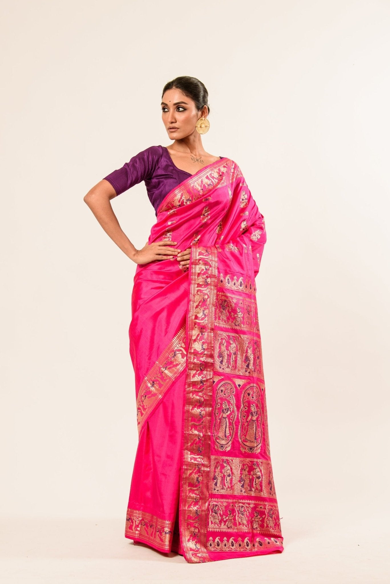 Pink Baluchari Silk Saree with Resham Threads Minakari Work - Anvi Couture