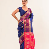 Midnight Blue Kanchipuram Silk Saree with Mayil Buttas Weaving - Anvi Couture