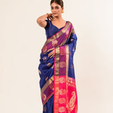 Midnight Blue Kanchipuram Silk Saree with Mayil Buttas Weaving - Anvi Couture