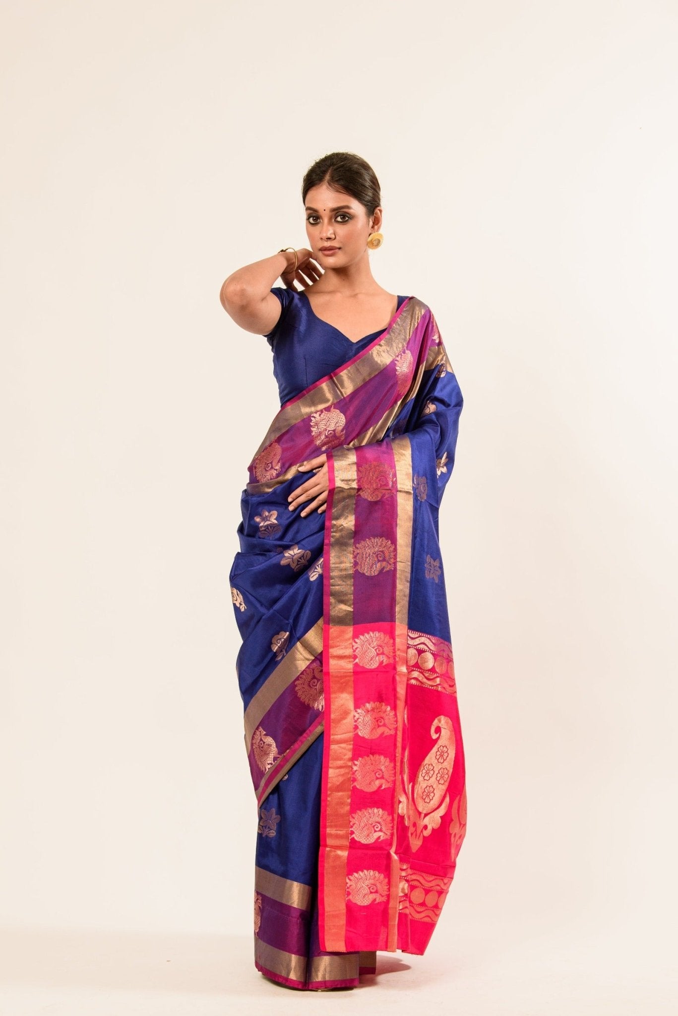Midnight Blue Kanchipuram Silk Saree with Mayil Buttas Weaving - Anvi Couture