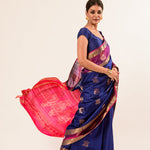 Midnight Blue Kanchipuram Silk Saree with Mayil Buttas Weaving - Anvi Couture