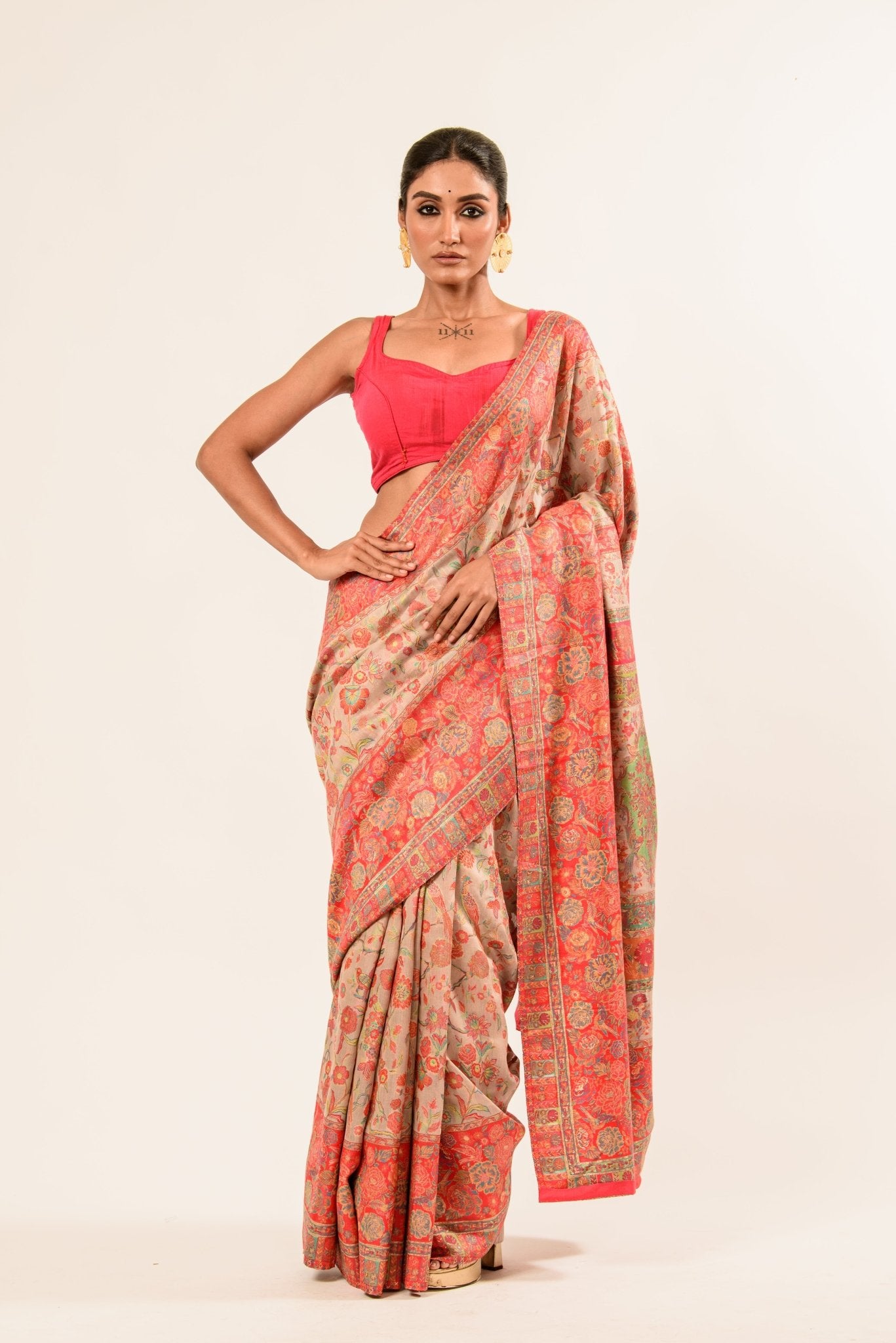 Beige Pashmina Moonga Silk Handwoven Banarasi Saree - Anvi Couture