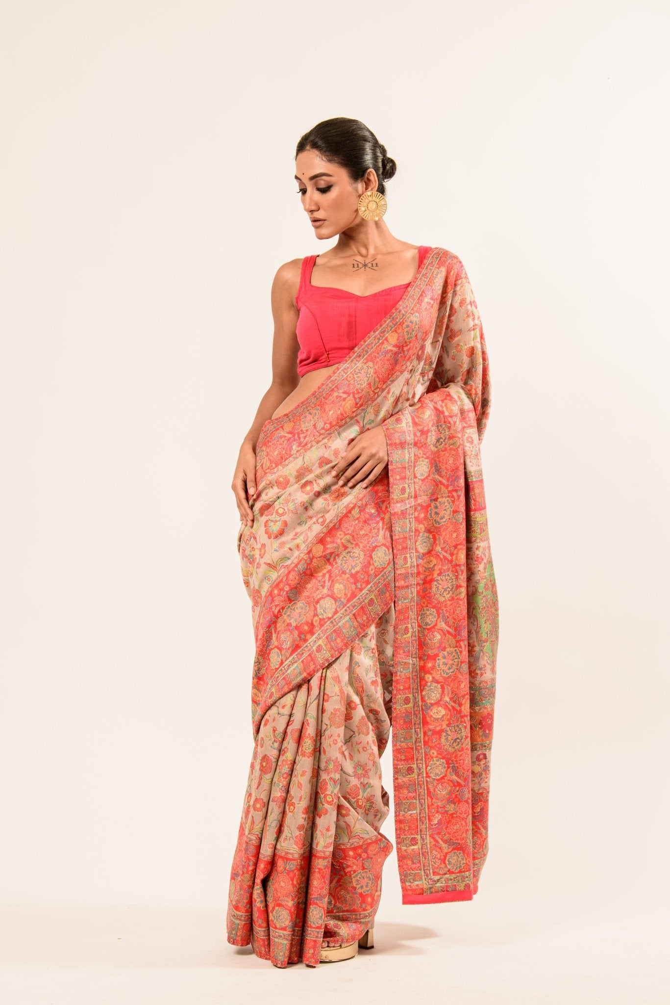 Beige Pashmina Moonga Silk Handwoven Banarasi Saree - Anvi Couture