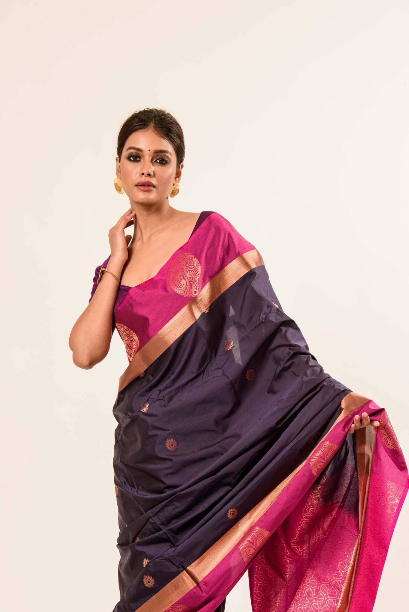 Royal Blue Kanjivaram Silk Saree with Floral Buttas - Anvi Couture